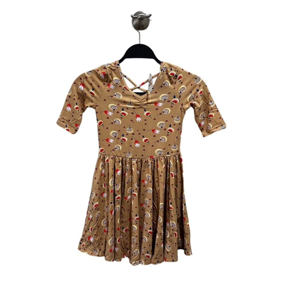 Dot Dot Smile Girls Tan Abstract Floral Fit & Flare Dress Crisscross Back Size 7